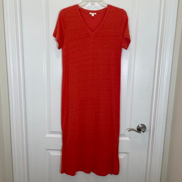 COS T-Shirt Dress Linen Blend Vneck Orange Maxi with Slits Minimalist Basics S - Picture 1 of 4